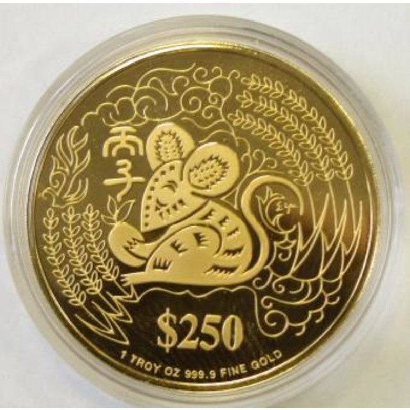 Золотая памятная монета Сингапура - год Крысы 1996, 31,1 г чистого золота (проба 9999)