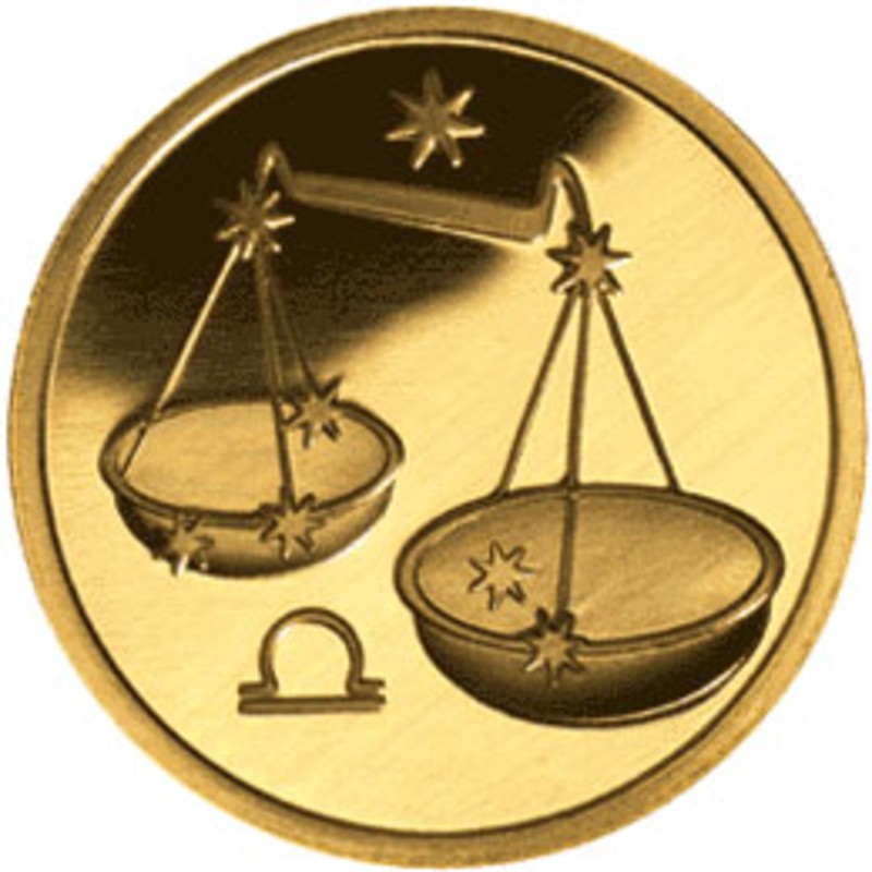 Золотая монета России "Знаки Зодиака - Весы", 2003 г.в., 7,78 г чистого золота (проба 0,999)