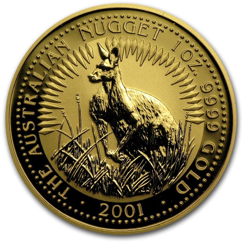Золотая инвестиционная монета Австралии - Кенгуру 2001 г.в., 31,1 г чистого золота (проба 0,9999)