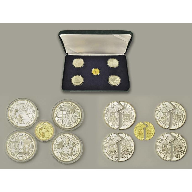 Комиссия: Набор из монет-пазлов Кирибати и Самоа "Милленниум - Рассвет Новой Эры" 1997 г.в., 7,78 г чистого золота (Проба 0,999) + 4*31,1 г чистого серебра (Проба 0,925)