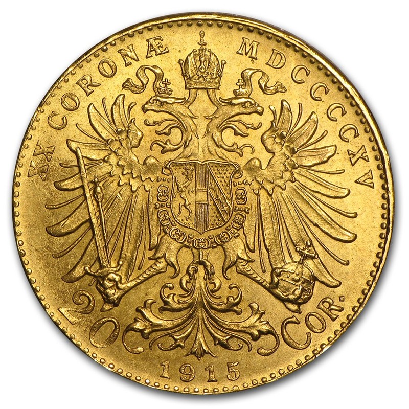 Золотая монета Австрии 20 крон 1915 г., рестрайк, 6,1 г чистого золота (проба 0,900)
